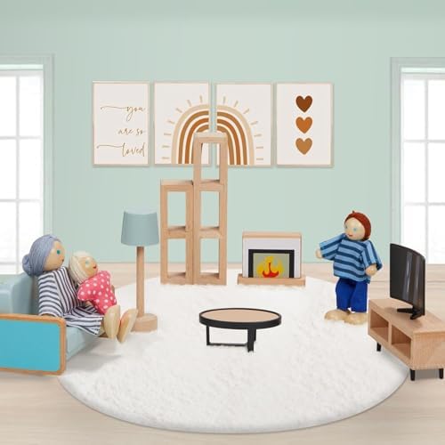 36pcs Wooden Dollhouse Furniture Set 5 Rooms with 4 Family Dolls, Wood and Plastic Blue Dollhouse Accessories, Pretend Play Furniture Toys Christmas Birthday Gift for Boys Girls & Kids Toddlers 3Y+