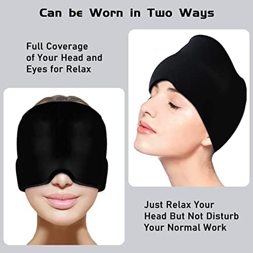 Headache Migraine Relief Cap, Wearable Strechable Migrine Hat for Migraine Ice Head Wrap, Ice Pack for Injuries Reusable Gel, Cold Hot Therapy Headache Relief Hat for Tension Stress Relief (Black)