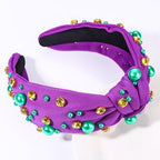 Mardi Gras Hairband for Women Purple Pearl Rhinestone Knotted Headband Carnival Parade Party Hair Accessories