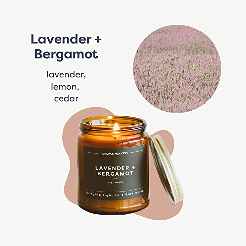 Calyan Wax Soy Wax Candle, Lavender & Bergamot Scented Candle for The Home | Premium Soy Candle with Essential Oils | Soy Candle in Amber Glass Jar | Aromatherapy Gift
