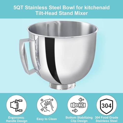 IAGREEA 5 Quarts Stainless Steel Bowl Fits For KitchenAid 4.5-5 QT Tilt-Head Stand Mixer, 304 Mixer Bowl With Handle, Replacement Mixing Bowls, Heavy Duty, Large Capacity Dishwasher Safe, Easy Clean