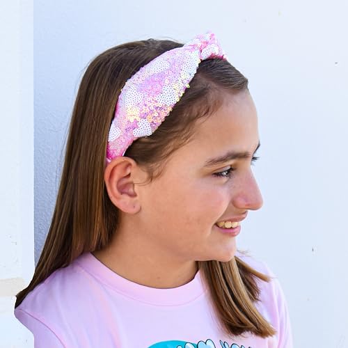FROG SAC Heart Headband for Girls - Knotted Valentines Day Head Bands for Kids, Top Knot Vday Hair Band for Children, Sparkly Pink Sequin Hair Accessories for Toddlers, Little Girl Fashion Hairband