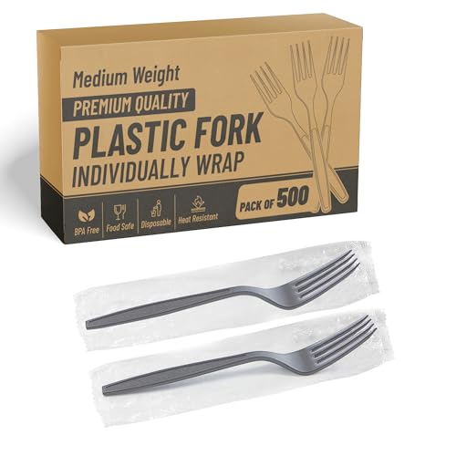 Individually Wrapped Plastic Forks 500 Pcs- Black Medium Weight - Ideal for House Party, Backyard BBQ, Picnic, Home, Use.……