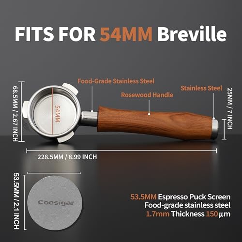 54mm Bottomless Portafilter with Puck Screen | Fits for 54mm Breville Machines | Stainless Steel portafilter and Rosewood Handle|Espresso Machine Accessories(Rosewood)