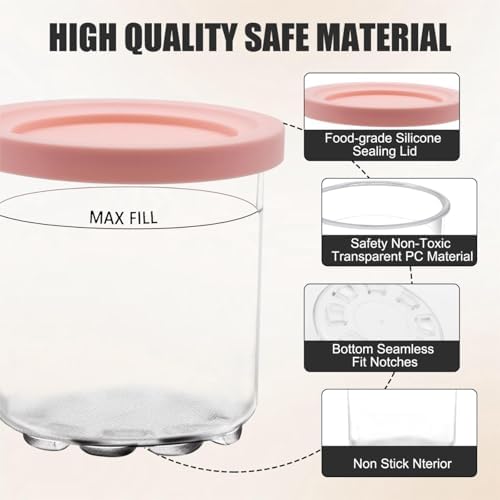 4 Pack Containers Extra Replacement for Ninja Ice Cream Pints and Lids, 16oz Creamy Cups Compatible with NC299 NC300 NC301 Ice Cream Maker(Blue&Pink)