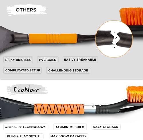 EcoNour 27" Aluminum Snow Brush with Ice Scrapers for Car Windshield and Window | Car Snow Scraper and Brush with Ergonomic Foam Grip Winter Accessories (Orange)