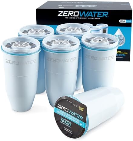 ZeroWater Official Replacement Filter - 5-Stage 0 TDS Filter Replacement - System IAPMO Certified to Reduce Lead, Chromium, and PFOA/PFOS, 6-Pack, White