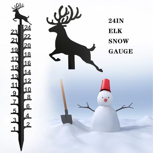 24 inch Elk Snow Gauge Outdoor, Iron Art Snow Measuring Gauge,Winter Snowflake Snow Measuring Stick, Xmas Snow Depth Measure Rod for Yard, Lawn, and Garden,Snow Ruler Christmas Decorative Gift
