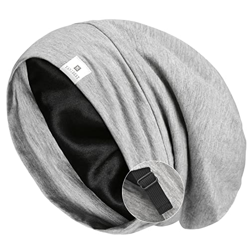 YANIBEST Silk Satin Bonnet Hair Cover Sleep Cap - Light Grey Adjustable Stay on Silk Lined Slouchy Beanie Hat for Night Sleeping