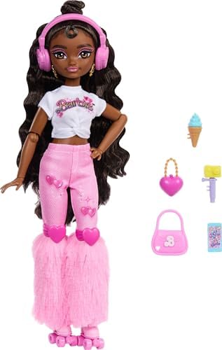 Barbie Dream Besties Doll and Accessories, Barbie Brooklyn” Posable Roller Skating Fashion Doll with Dark Brown Hair, 9 Music & Video Themed Pieces