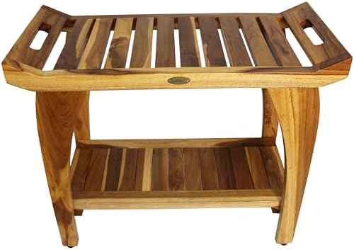 EcoDecors Tranquility 30 Inch Teak Wood Shower Bench with Shelf and LiftAide Arms in EarthyTeak Finish, Extended Height 24", Provides Safety, Storage, and Organization for Bathroom Accessories