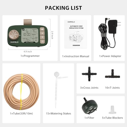 DIAFIELD Automatic Drip Irrigation Kit, Self Watering System for 15 Potted Plants Indoor, Drip Irrigation System for Garden with Water Timer and LCD Display, Power by AC Plug & No Battery Backup