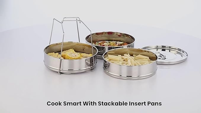 Stackable Stainless Steel Insert Pans - 3 Tiers - Instant Pot Accessories - 6QT & Above - Pressure Cooker Steamer Pan