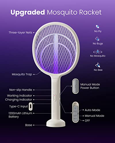 GAIATOP Electric Fly Swatter, 3200V Rechargeable 2 in 1 Fly Swatter, 1200mAh Bug Zapper Racket with UV Light Fly Zapper Dual Mode for Indoor and Outdoor Home Office Backyard Patio Camping