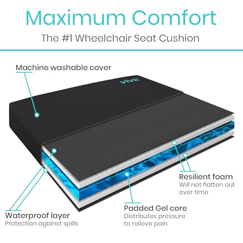 Vive Wheelchair Cushion - Gel Seat Pad for Coccyx, Orthopedic Back Support, Sciatica & Tailbone Pain Relief - Waterproof Cover + 4 Layer Foam Support and Comfort - for Pressure Sores and Ulcers