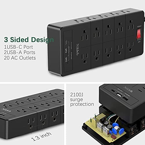 Power Strip 23 in 1, 20 Outlets Surge Protector Wall Mount with 2 USB+1 USB C Ports, Multi Plug Extension Cord 6ft Heavy Duty, Accessories for Gaming, Studio, Home, Office, Desk Organizers