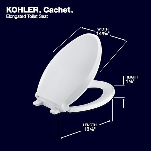 KOHLER 4636-RL-0 Cachet ReadyLatch Elongated Toilet Seat, Quiet-Close Lid and Seat, Countoured Seat, Grip-Tight Bumpers and Installation Hardware, White, 18.04"L x 14.18"W