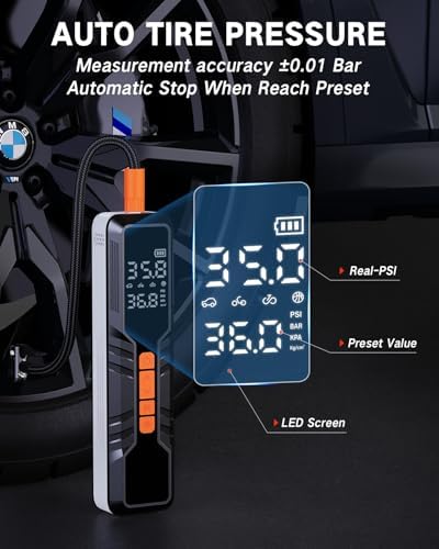 Tire Inflator Portable Air Compressor - 4X Air Pump for Car Tires, 150PSI&10000mAh Portable Tire Inflator for Car, 12DC Air Pump with Pressure Gauge/LED Light, Bike/Motorcycle/Ball/Car Accessories