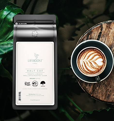 Lifeboost Coffee Half Caff Ground Coffee - Low Acid Single Origin USDA Organic Coffee - Non-GMO Ground Coffee Third Party Tested For Mycotoxins & Pesticides - 12 Ounces