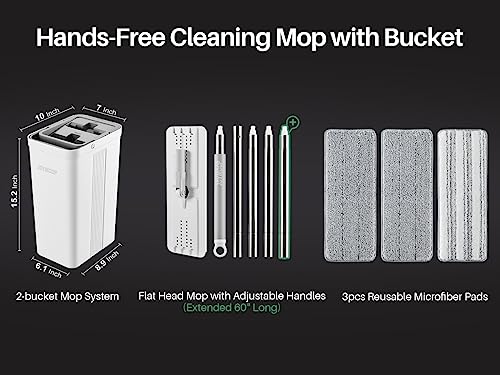 JOYMOOP Mop and Bucket with Wringer Set, White Flat Squeeze Set for Floor Cleaning, Wet Dry Walls, Wall Cleaner Long Handle, Hardwood Mop-3 Microfiber Cloths