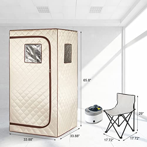Full Body Home Steam Sauna Set, 4L Large Steam Pot One Person Portable Sauna Spa with Time & Temperature Remote Control, Upgraded Chair for Detox Therapy （Beige Brown, 33.9" L*33.9" W*65.8" H）