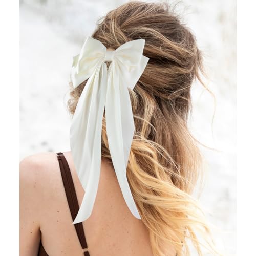 Canitor Hair Bows for Women Silky Satin Hair Ribbon Hair Barrettes Clip Oversized Long Tail Black White Hair Bows Cute Aesthetic Coquette Hair Accessories Preppy Teen Girl Gifts Trendy Stuff Things