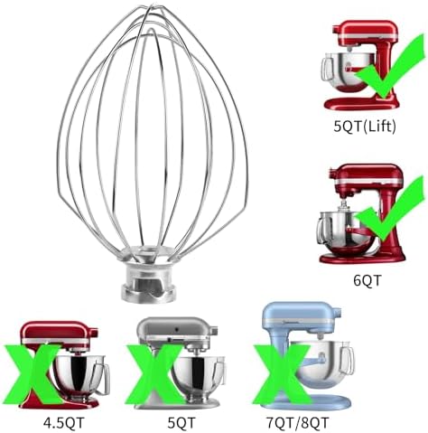 6 Wire Whisk Attachments Compatible with KitchenAid 5-6Quart Mixer, Bowl Lift Stand Mixer Accessories, 6-Quart Stainless Steel Whisk, Egg Cream, Cake Mayonnaise, For Multiple Models