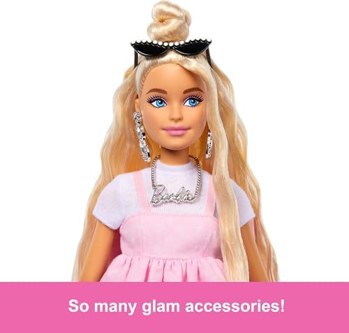 Barbie Deluxe Style Doll #3 in Barbiecore Outfit, Blond Hair in Top Knot, Pink Pastel Dress with Oversized Bow and Accessories Like Mesh Tights