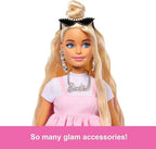 Barbie Deluxe Style Doll #3 in Barbiecore Outfit, Blond Hair in Top Knot, Pink Pastel Dress with Oversized Bow and Accessories Like Mesh Tights