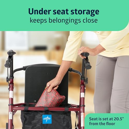 Medline Rollator Walker with Seat, Steel Rolling Walker with 6-inch Wheels Supports up to 350 lbs, Medical Walker, Burgundy