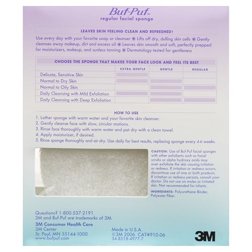 Buf-Puf Facial Sponge, Dermatologist Developed, Removes Deep Down Dirt & Makeup That Causes Breakouts and Blackheads, Reusable, Exfoliating, White, 2 Count
