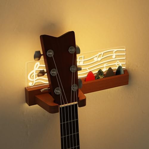 Light Up Guitar Stand Wall Mount, Solid Wood Guitar Hanger Shelf Accessories with Pick Holder, for Acoustic Electric Bass Ukulele Violin, Gift for Men Boyfriend Music Lovers Guitar Players Guitarist
