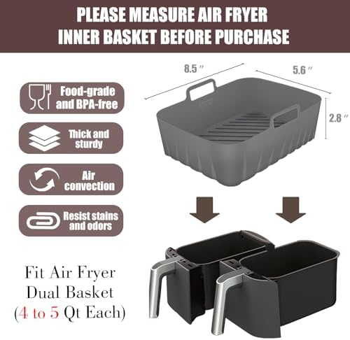 Silicone Liners Rectangle 2 Pcs for Air Fryer Dual Basket 8 to 10 Qt, Food-grade Reusable Baking Tray Fit Ninja DZ201 DZ401 DZ550, 4 to 5 Qt Each, Airfryer Accessories Grey