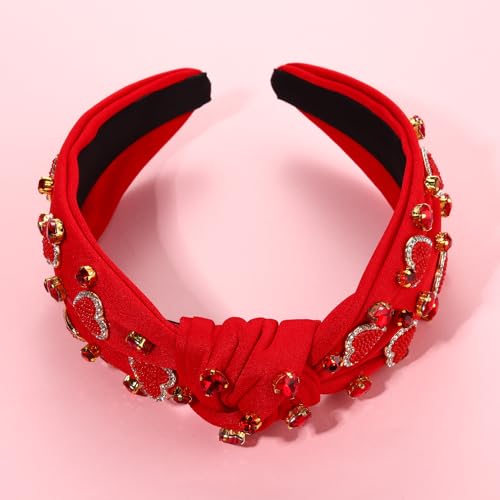 YAHPERN Valentine’s Day Headband for Women Red Pink Heart Knotted Headband Jeweled Rhinestone Crystal Wide Top Knot Hairband Valentine’s Day Hair Accessories Holiday Gifts (Red)