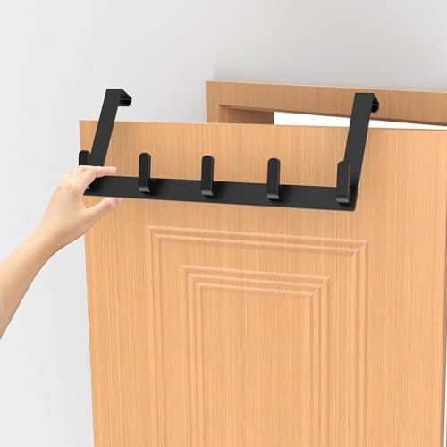 Over The Door Hooks Hanger with Extended Arms, Fits 1 3/4" Doors - Bathroom Accessories and Towel Rack Organizer Holder for Coat Robe Hat - 1 Pack, Matte Black