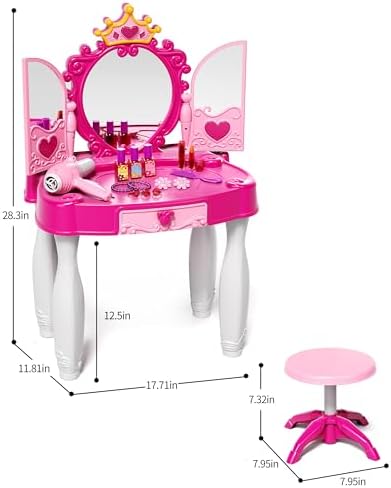 Toddler Makeup Table with Mirror and Chair, Kids Makeup Vanity Set with Accessories and Lights and Music Sound for Girls, Toddlers 3-5 Years Old