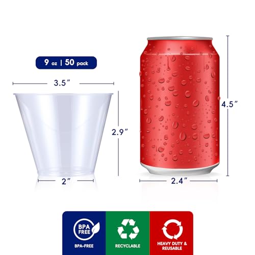 JOLLY CHEF 9 oz Clear Disposable Plastic Cups, 50 Pack Clear Plastic Cups Tumblers, Heavy-duty Party Glasses, Disposable Cups for Wedding,Thanksgiving, Christmas Party
