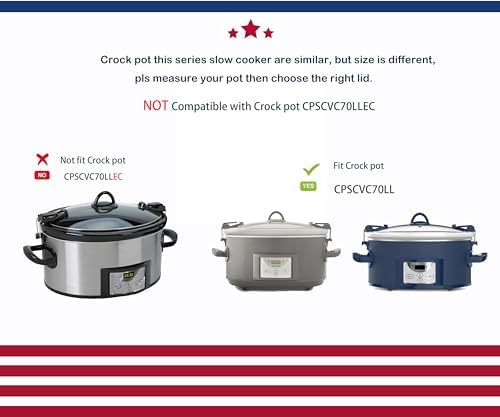 Oval glass lid for 7qt slow cooker compatible with Crock pot, Hamilton Beach, Black &Decker and most brand in market 7quart slow cooker, NOT Fit with Crock Pot CPSCVC70LLEC that marked on the picture