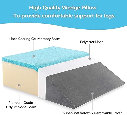 joybest Leg Elevation Pillow with Cooling Gel Memory Foam Top, 8 Inch Leg Pillows for Sleeping, Wedge Pillow to Solve Back& Leg &Joint Pain, Acid Reflux, Heartburn, Snoring, Pregnancy(Grey)
