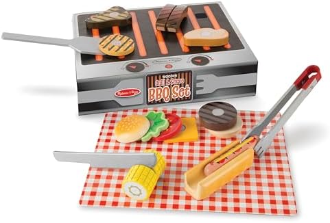 Melissa & Doug Grill and Serve BBQ Set (20 pcs) - Wooden Play Food and Accessories