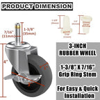 3-Inch Swivel Stem Caster for Rubbermaid Mop Bucket Utility Cart, 7/16-Inch Stem Diameter Rubber Wheel Set of 4 with Side Brake, Heavy Duty TPR Weber Grills Shop Vac Replacement Wheels