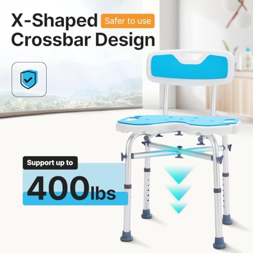 HEAO Heavy Duty Shower Chair with Back 500lb, Padded Bath Chair Seat with Extra Replacement Tips, Anti-Slip Tool-Free Shower Bench Bathtub Stool for Elderly, Senior, Handicap