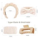 VELSCRUN 5 Pcs Khaki Puffy Sponge Spa Headband Bow Tie Hair Band Hair Clips Wristband Set, Spa Headbands for Wash Face, Makeup Headband, Facial Skincare Headbands Women Girls Hair Accessories Gifts