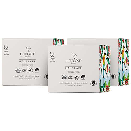 Lifeboost Coffee Half Caff Coffee K Cups - Low Acid Half Caff Coffee Pods - Single Origin Non-GMO Mold Free Pods Compatible with Keurig & Keurig 2 - No Mycotoxins or Pesticides - 10 Count