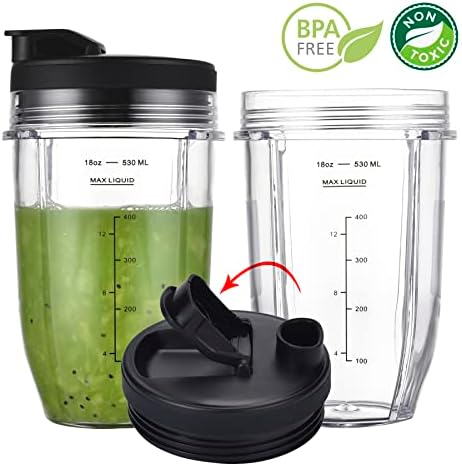 [Upgraded] Replacement 18oz Nutri Ninja Blender Cup with Sip & Seal Lid For Auto-IQ BL480, BL482, BL490, BL640, BL642, & BL680 Auto IQ Series Blenders., 2 Pack