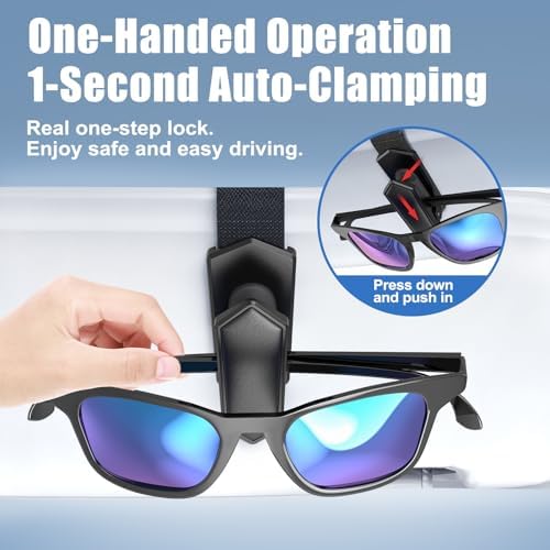 One-Handed-Operation Sunglasses Holder for Car, Visor Sunglass Holder Clip, Car Accessories Interior, Universal Fit Silicone Padded Visor Sunglass Holder Car, Unmatched Durability
