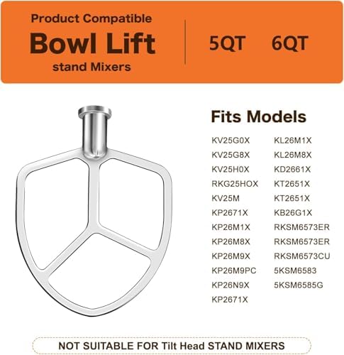 Stainless Steel Flat Beater Replacement for kitchenAid 5qt-6qt, Bowl-Lift Stand Mixer Accessories Fit for Professional 5 Plus and 600 Seris Mixers, Heavy Duty and Dishwasher Safe