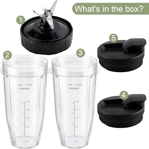 5-piece Blender Replacement Parts 24oz Ninja Blender Cups with To-Go Lids, 7 Fins Extractor Blade Compatible with Nutri Ninja Auto iQ Blenders BL2012 BN801 BL480 BL682 BL642