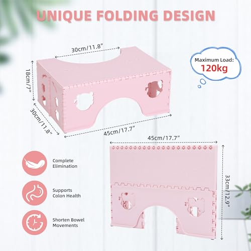 7inches Foldable Toilet Stool (Pink), Healthy Bathroom Squatting Posture Poop Stool with Anti-Slip Feet, A Good Helper to Effective Relief of Constipation, Easy to Storage Toilet Squat Stool