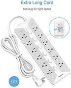 Power Strip with USB, Individual Switches, TESSAN 12 Outlets and 3 USB Ports, Long Extension Cord 6 Feet with Surge Protector for Home, Dorm and Office Accessories, 1700J Protection, Gray